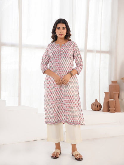 Cotton Block Printed Long Kurta White Booty