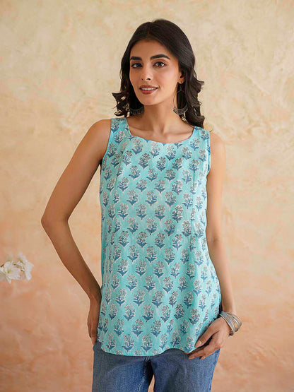 Cotton Printed Stylish Backless Tie-Up Kurti Sky Blue