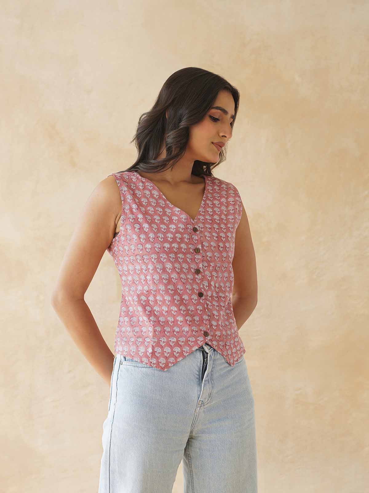Sleeveless Cotton Block Printed Kothi Top Dusty Pink