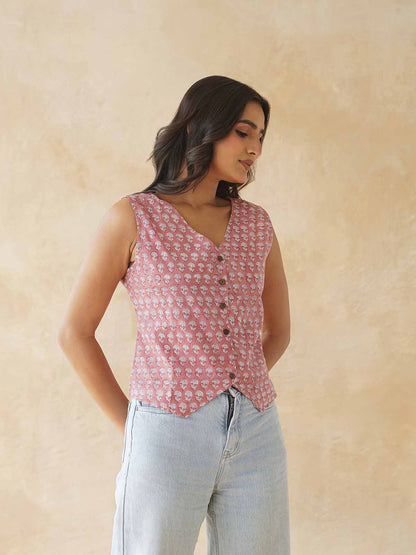 Sleeveless Cotton Block Printed Kothi Top Dusty Pink