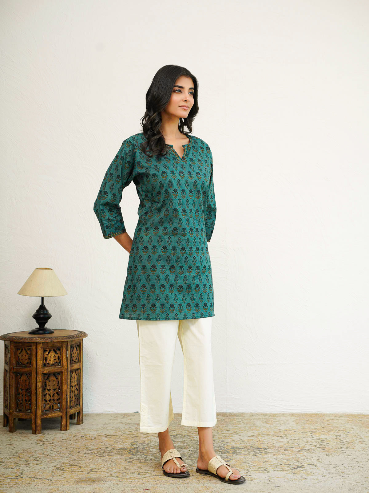 Cotton Printed Kantha Kurta Grey