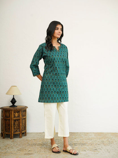 Cotton Printed Kantha Kurta Grey