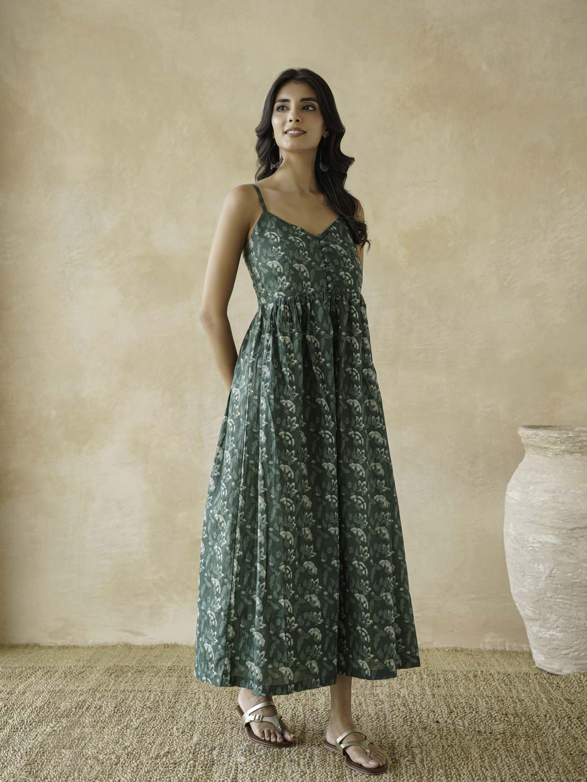 V-Neck Long Strappy Dress Forest Green