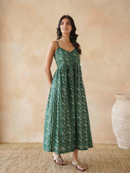 V-Neck Long Strappy Dress Forest Green