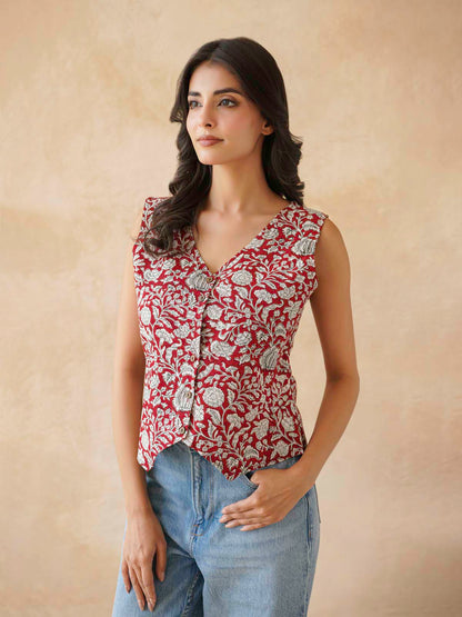 Sleeveless Cotton Block Printed Kothi Top Red Jaal