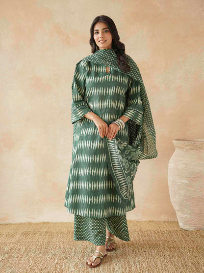 Cotton Printed Aline Kurta Set For Women Green
