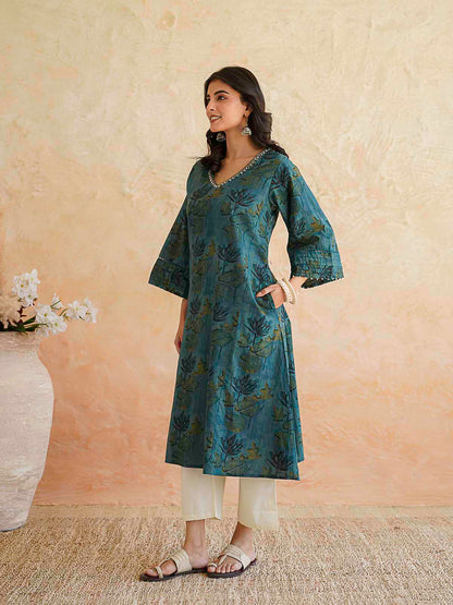 Cotton Printed Ultimate Aline Kurta For Women Green