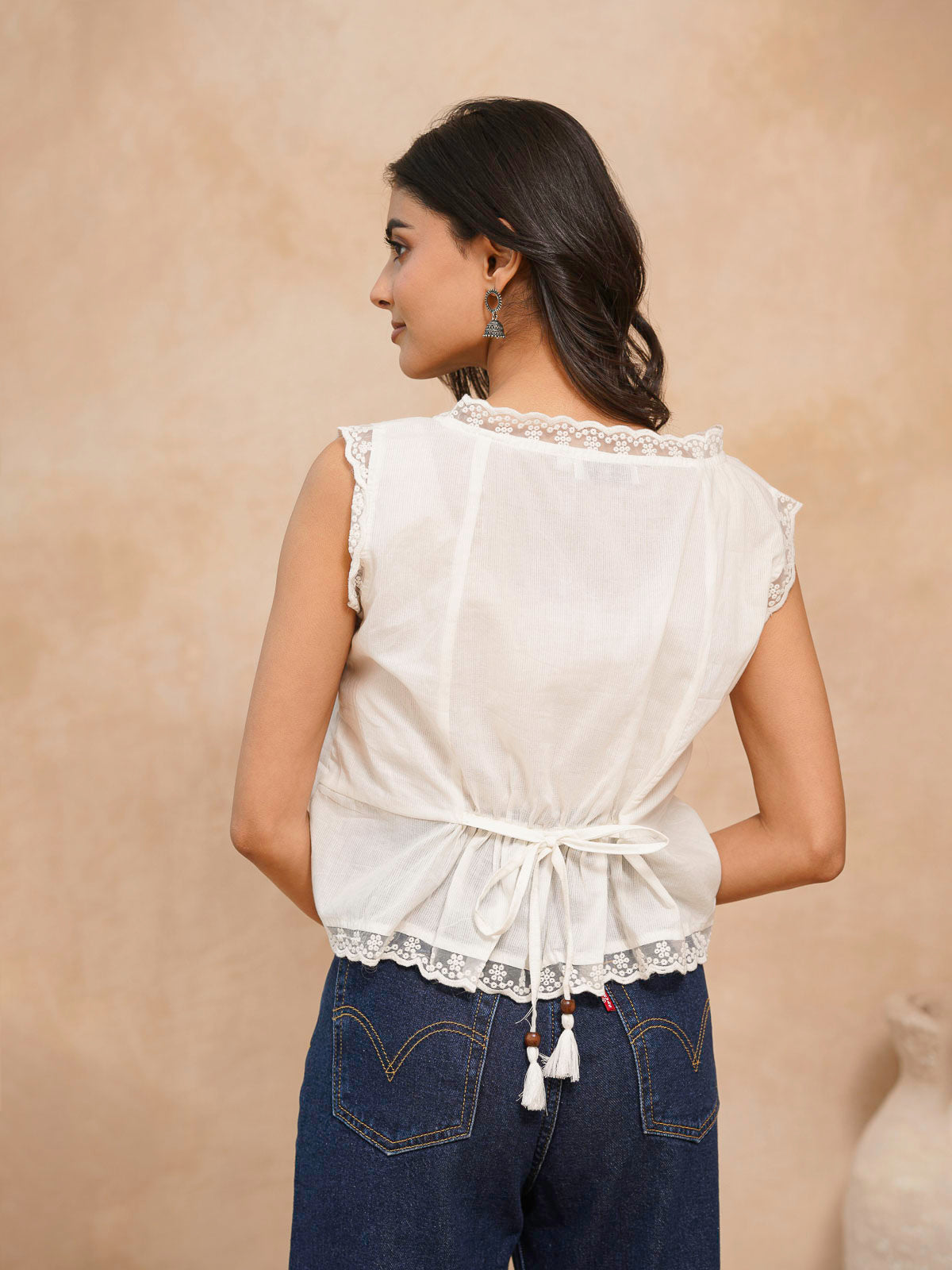 Sleeveless Cotton Printed Daisy Lace Top White