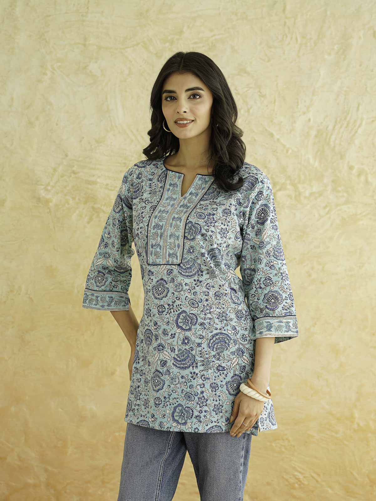 Cotton Printed Sequin Short Kurti For Women Turquoise