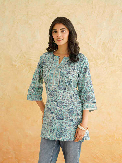 Cotton Printed Sequin Short Kurti For Women Turquoise