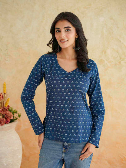 Full Sleeve Cotton Printed Classic Vee Top Indigo Booty