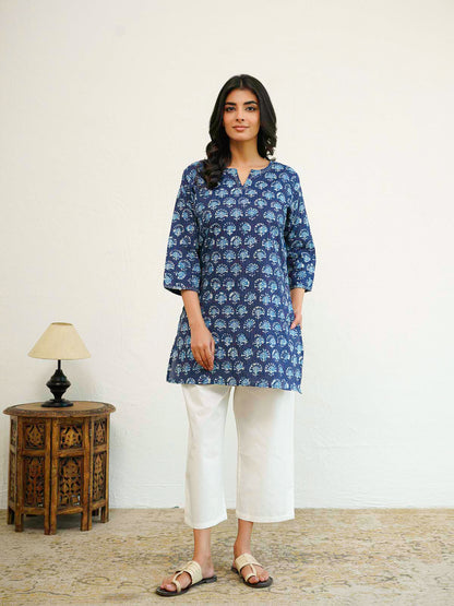 Cotton Printed Kantha Kurta Blue