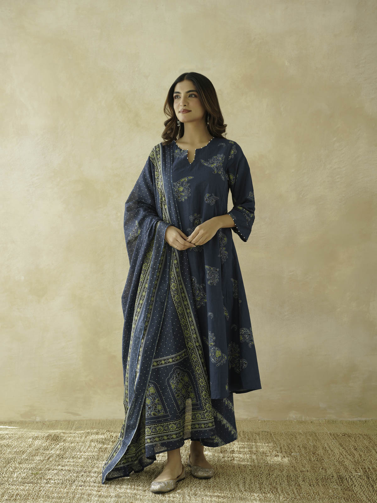Cotton Printed Aline Geet Kurta Set For Women Indigo