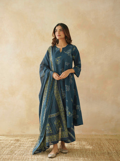 Cotton Printed Aline Geet Kurta Set For Women Indigo