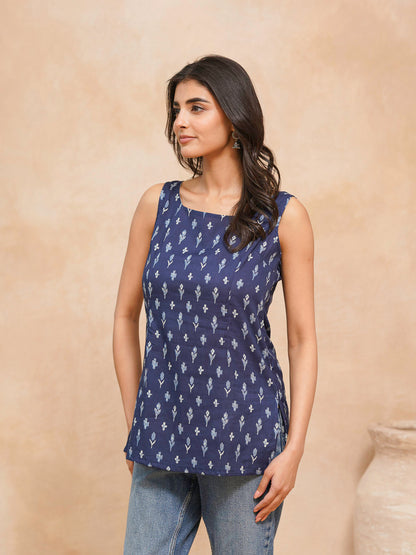 Cotton Printed Stylish Backless Tie-Up Kurti Blue