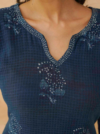 Cotton Printed Kantha Style Set For Women Indigo