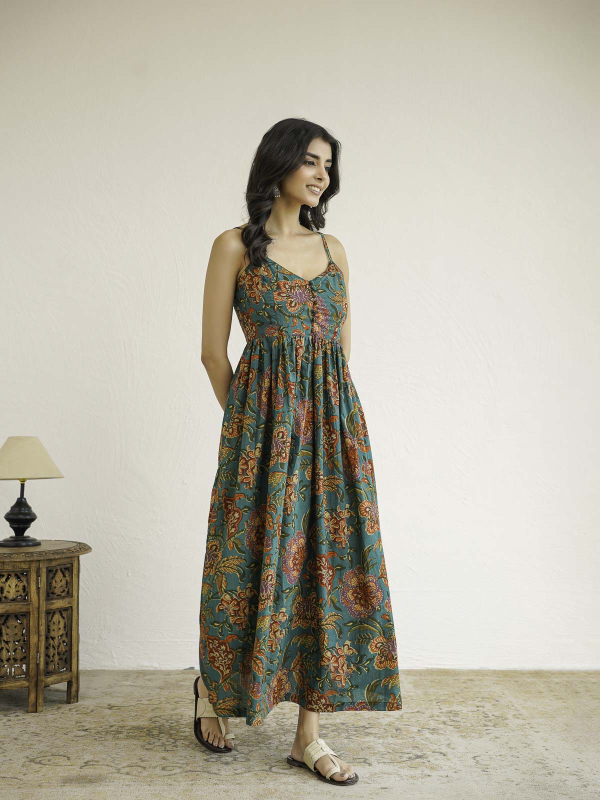 V-Neck Long Strappy Dress Dark Green