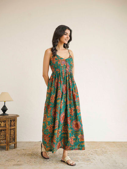 V-Neck Long Strappy Dress Dark Green