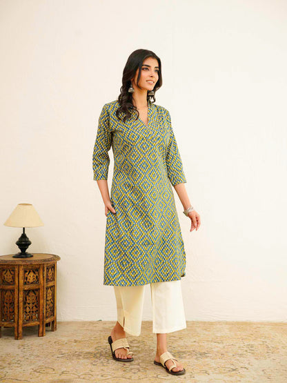 Cotton Printed Straight Kurta Green Bndhej