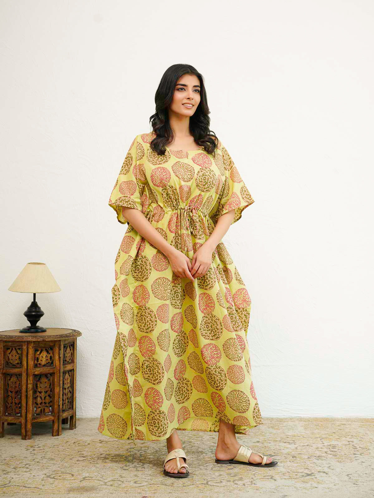 Block-Printed Cotton Long Kaftan Green Flower