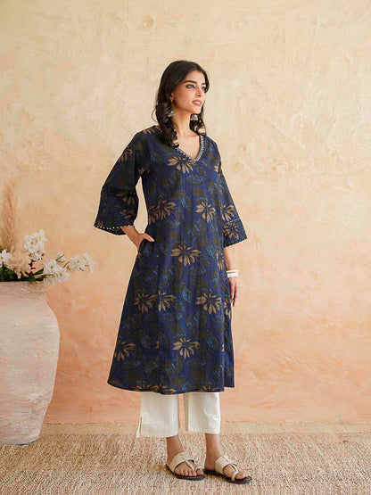 Cotton Printed Ultimate Aline Kurta For Women Dark Blue