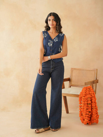 Sleeveless Cotton Block Printed Kothi Top Indigo Boota
