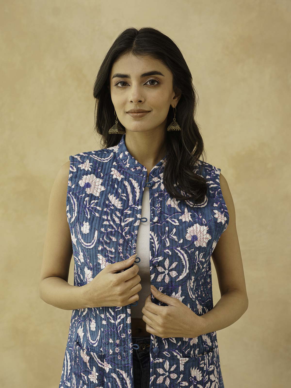 Cotton Printed Sleeveless Quilted Jacket Blue Jaal