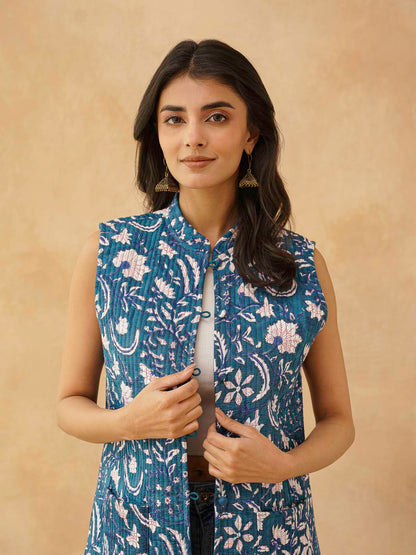 Cotton Printed Sleeveless Quilted Jacket Blue Jaal