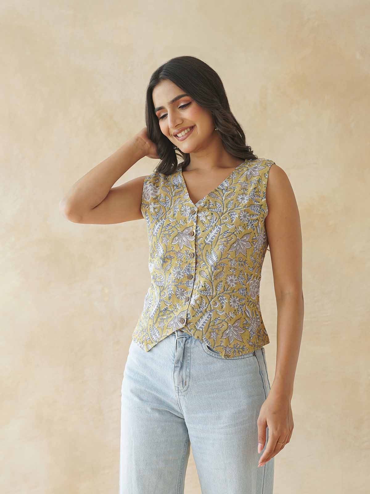 Sleeveless Cotton Block Printed Kothi Top Mustard