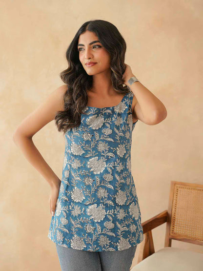 Cotton Printed Stylish Backless Tie-Up Kurti Drak Blue