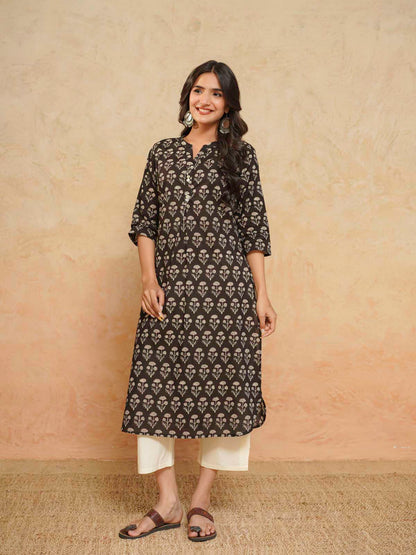Cotton Pleat Kurta For Women Black