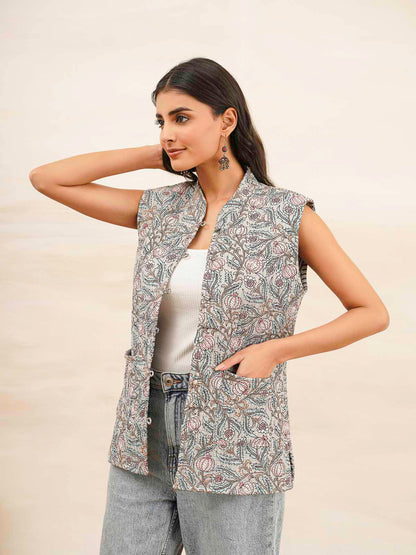 Cotton Printed Sleeveless Quilted Jacket Grey