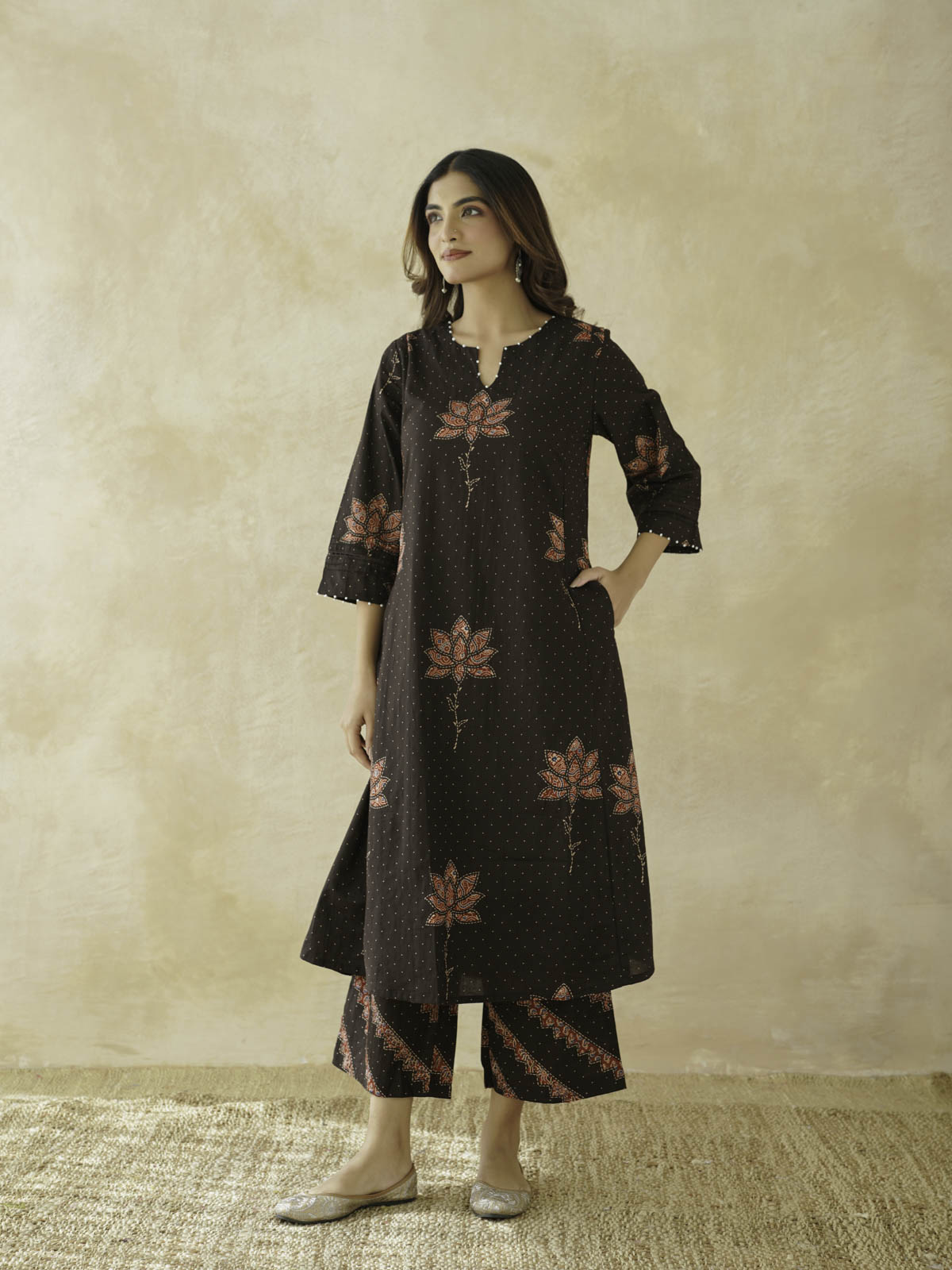 Cotton Printed Aline Geet Kurta Set For Women Black Lotus