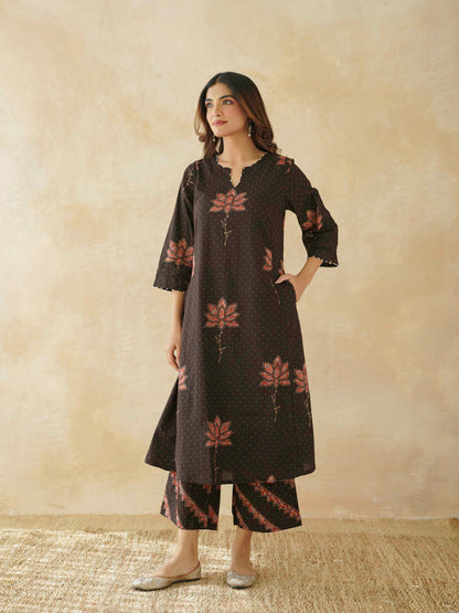 Cotton Printed Aline Geet Kurta Set For Women Black Lotus