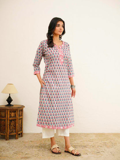 Cotton Block Printed Long Kurta Green Booty