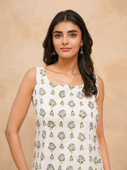 Cotton Printed Stylish Backless Tie-Up Kurti White