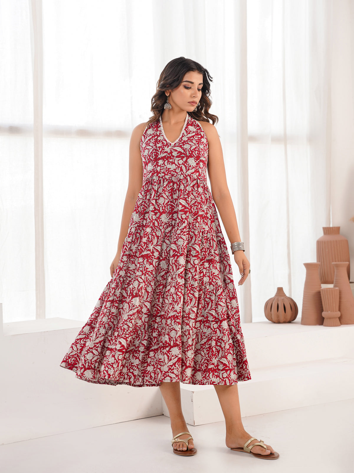 Tiered Halter Neck Dress Red Jaal