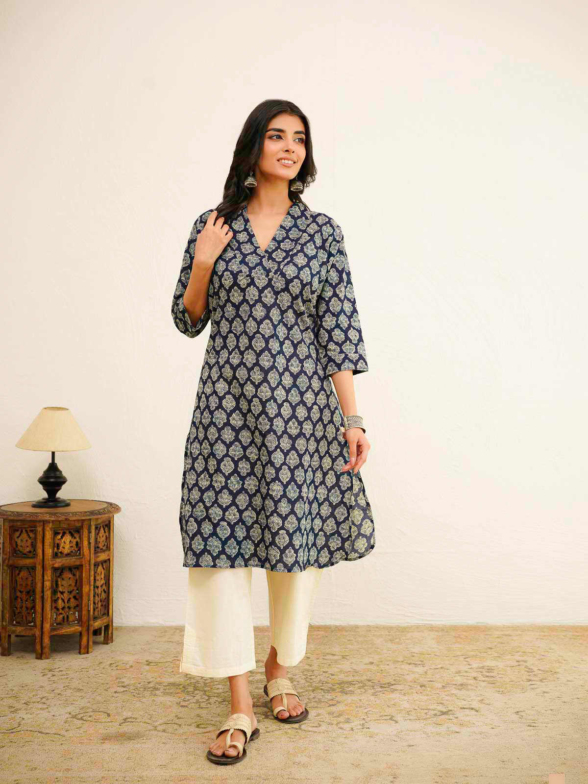 Cotton Printed Straight Kurta Blue Booty