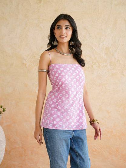 Cotton Sleeveless Strappy Top Pink