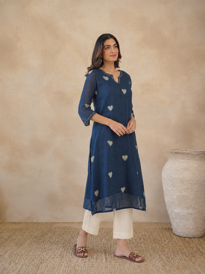Cotton Printed Kantha Style Set For Women Indigo Heart