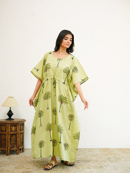 Block-Printed Cotton Long Kaftan Green Tree