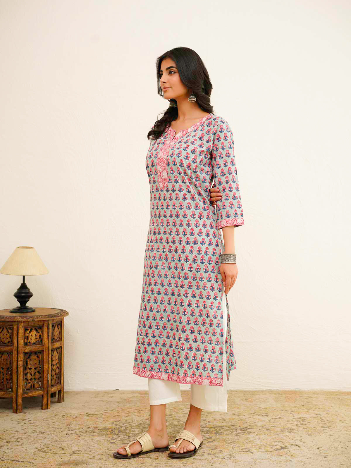 Cotton Block Printed Long Kurta Green Booty