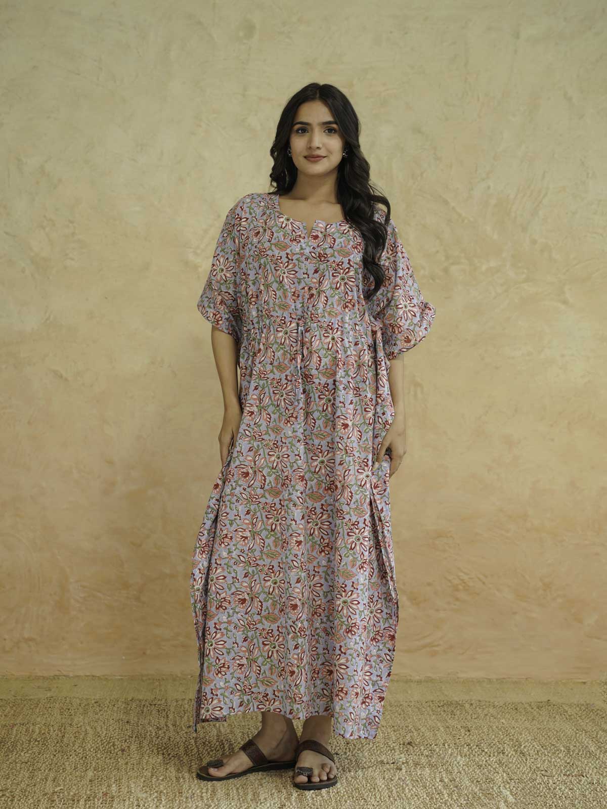 Block-Printed Cotton Long Kaftan Blue Jaal