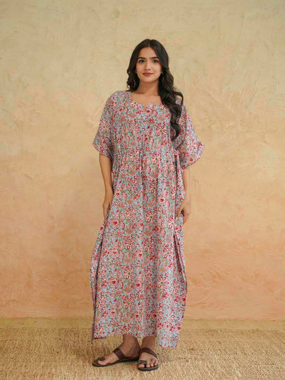 Block-Printed Cotton Long Kaftan Blue Jaal