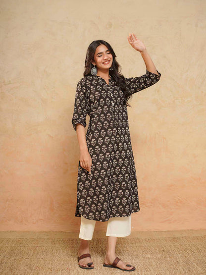Cotton Pleat Kurta For Women Black