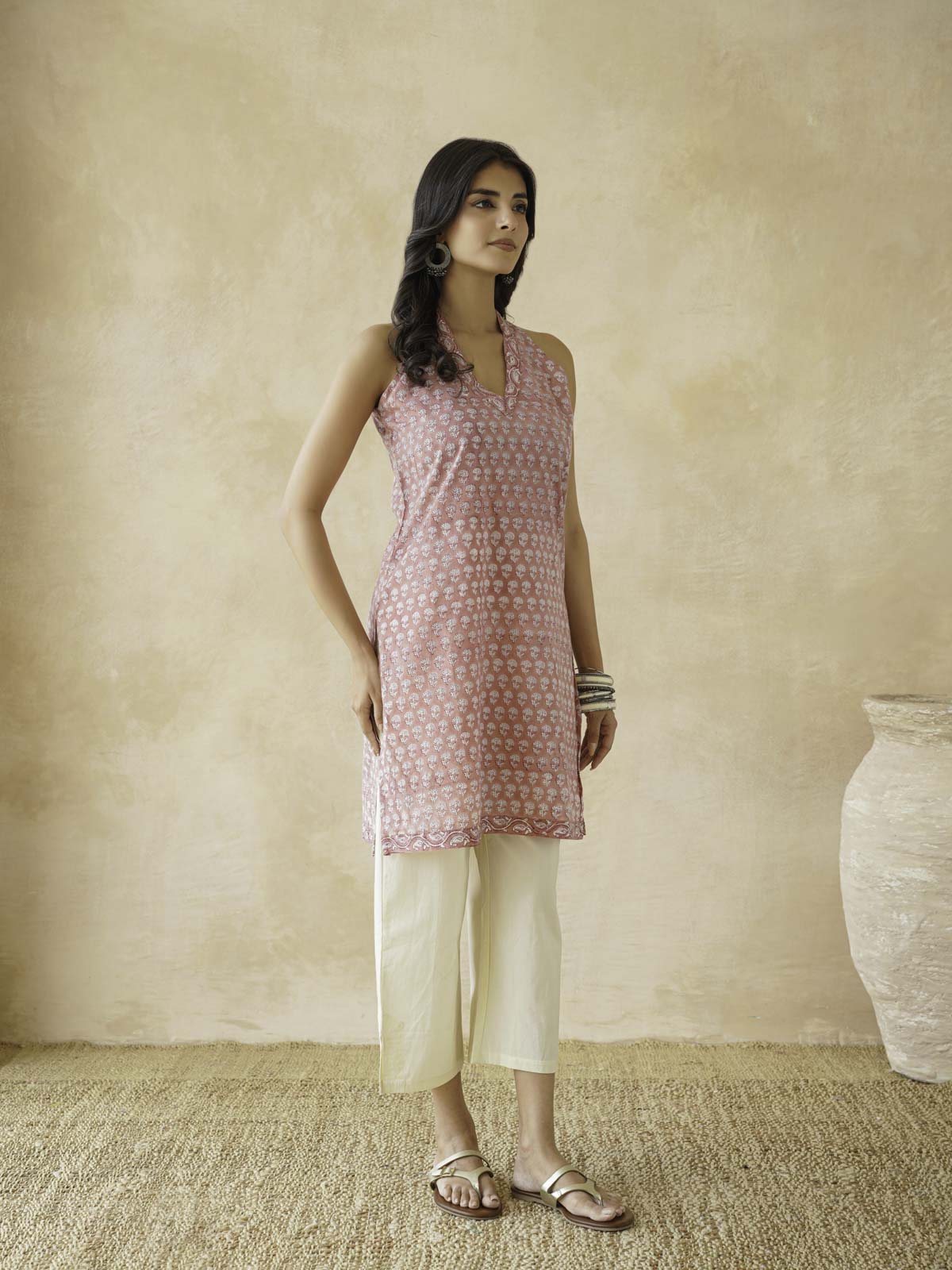 Sleeveless Cotton Halter Neck Kurti Dusty Pink