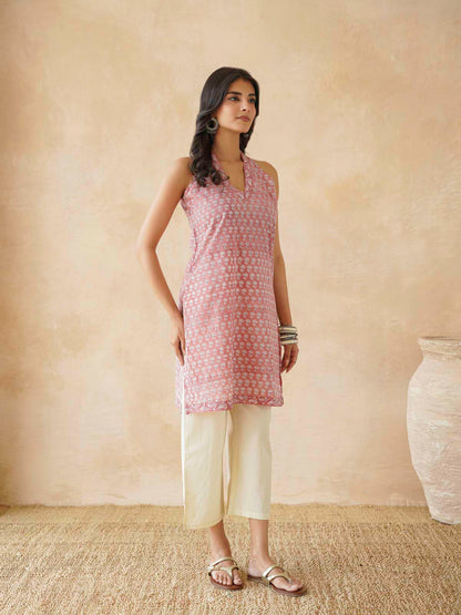 Sleeveless Cotton Halter Neck Kurti Dusty Pink