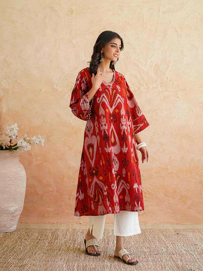 Cotton Printed Ultimate Aline Kurta For Women Cherry Red