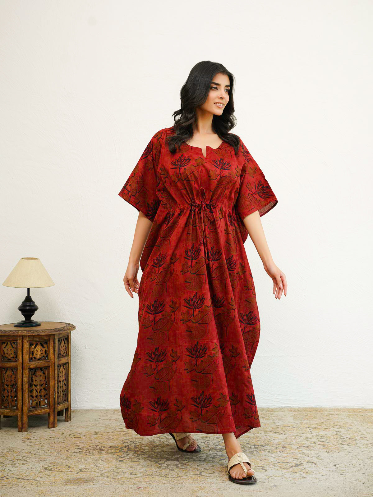 Block-Printed Cotton Long Kaftan Red