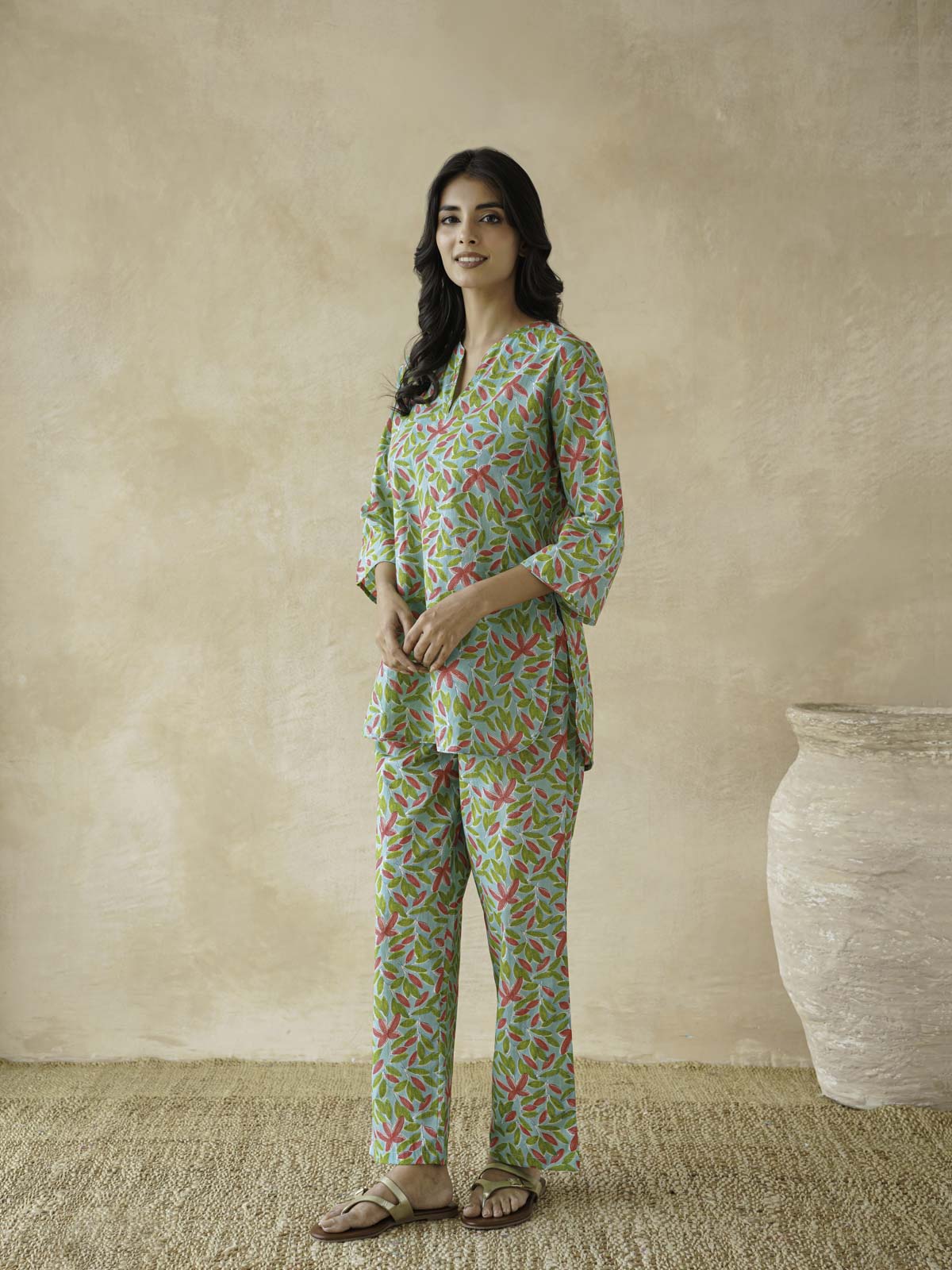 Cotton Printed Lounge Wear Coord Set Green Patti